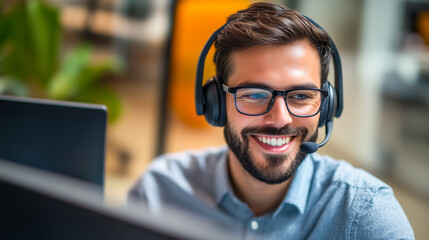 A friendly customer service professional wearing a headset smiles while working remotely, showcasing excellent communication, professionalism, and client engagement skills.