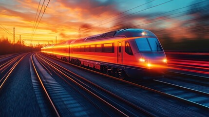 A freight train with cargo containers moving on the railway at sunset, with a motion blur effect.