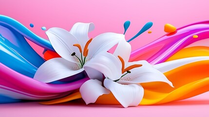 White Lilies and Colorful Paint Splats on Pink Background