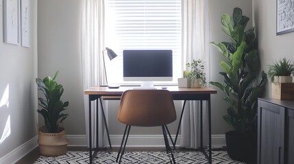 Fototapeta premium Modern Home Office Workspace With Plants and Minimalist Decor