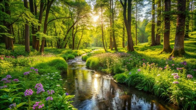 Lush green forest with a babbling brook and wildflowers in summer, landscape, summer, scenery, trees