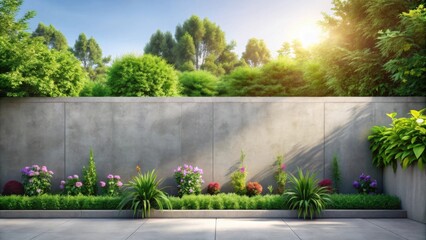 Serene Backyard Oasis Modern Concrete Wall, Lush Greenery, and Vibrant Blooming Flowers