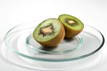 White background with halved kiwi fruit placed on a modern glass plate, fruit, kiwi, glass plate, food photography