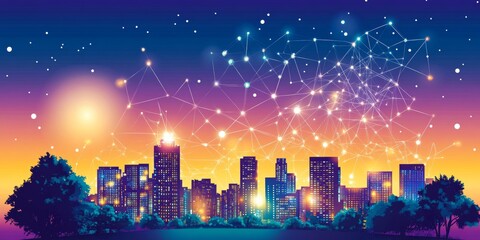 Intelligent City Skyline with Data Connections, a Colorful Illustration with a Starry Night