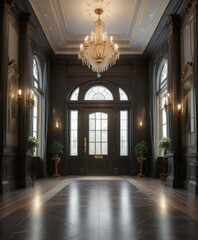 Obraz premium Luxurious entrance hall with high ceiling and chandeliers, hardwood flooring, elegant decor