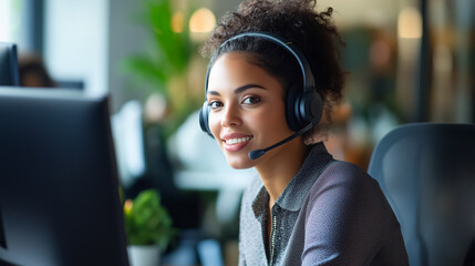 A friendly customer service representative wearing a headset, smiling while assisting clients in a professional office setting, conveying efficiency, communication, and support.