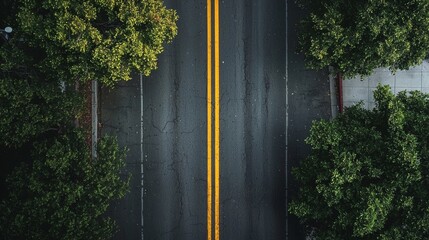 Aerial View of Asphalt Road with Double Yellow Lines Lush Green Trees Overhead