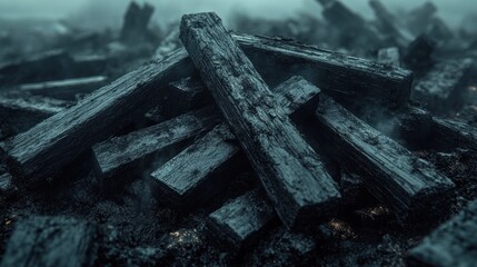Charred wood pile amidst fire debris