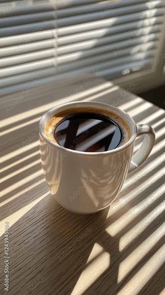 Poster Sunlight filters through window blinds, creating a captivating pattern of shadows across a smooth wooden table. A steaming cup of black coffee sits invitingly, promising warmth and comfort