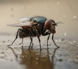 Fototapeta premium Macro shot of a housefly feeding on water droplet on a dusty window pane, excretion, close-up, feeding