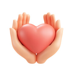 D icon of hands holding a heart, white background, cute style, simple design, no shadowing, cute 2D cartoon style, high resolution