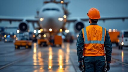 A ground crew member wearing an orange safety vest stands on the wet tarmac, observing as a large passenger aircraft approaches the gate. The atmosphere is illuminated by evening lights