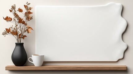 Blank paper on wooden shelf with a vase and autumn leaves arranged for a seasonal decoration concept