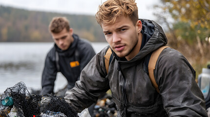 Young men cleaning up plastic waste by lake, promoting environmental awareness