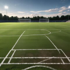 Wide-angle view of a soccer field with perfectly aligned chalk lines and scenic background, sports equipment, soccer pitches, grass fields