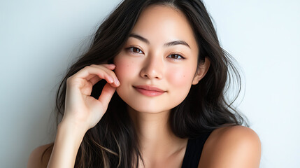 a woman smile and touching her face with skin care concept.