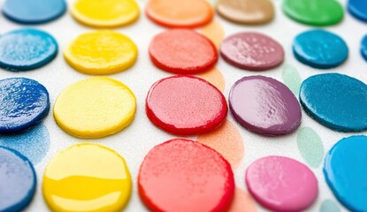 Vibrant colored round shapes arranged on a textured white background. Close up view showcasing glossy surface and color variations
