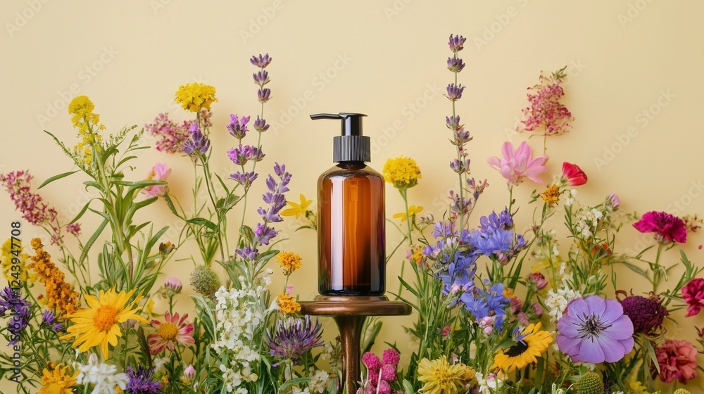Poster capturing the essence of nature, a dark amber bottle stands elegantly against a soft yellow backdrop