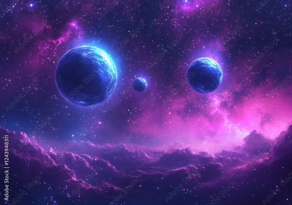 Wall mural vibrant cosmic scene with planets nebula and stars in blue and purple