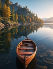 Obraz premium Wooden boat on the surface of a serene northern lake, boat sail, boat on the lake