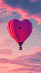 Obraz premium Love-shaped hot air balloon floating in a romantic sky during a beautiful sunset, perfect for celebrating romance and special moments. Generative AI