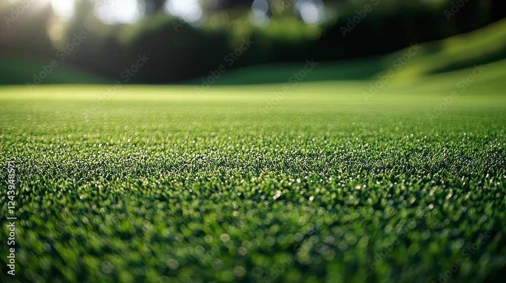 Aufkleber Soft blades of grass shine with dew as sunlight breaks through the trees, creating a serene atmosphere perfect for relaxation and reflection in nature