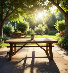 Obraz premium Wooden picnic table in a sunlit garden with bokeh background, nature, table, wooden, picnic, garden