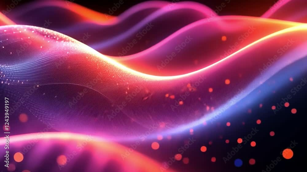 Poster Abstract Waves of Light:  Vibrant, flowing waves of light in shades of pink, orange, and blue create a mesmerizing and dynamic abstract background. The particles add depth and shimmer. 