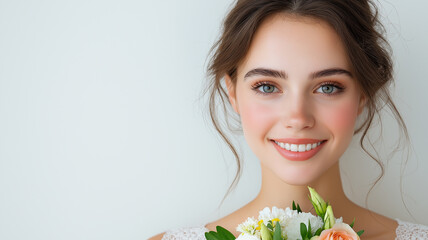 Fototapeta premium Elegance embodied in a joyful moment with a stunning adult woman holding a bouquet of fresh flowers, radiating beauty and grace in a serene indoor setting. Generative AI