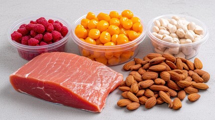 Fresh Ingredients Showcase with Salmon, Nuts, Berries, and Yellow Fruits on Gray Background