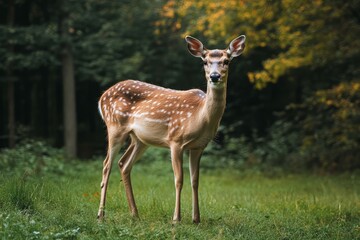 Young deer in sunlit forest clearing. Neural network AI generated