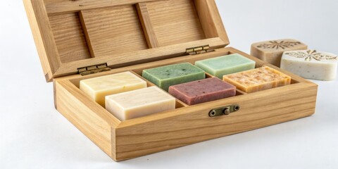Wooden soap box with handmade soaps arranged neatly inside, soap packaging, homemade soap, artisanal soap, soap making, natural ingredients