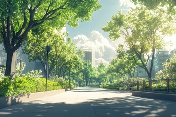 A beautiful city street lined with trees and surrounded by greenery, with soft light and clear skies