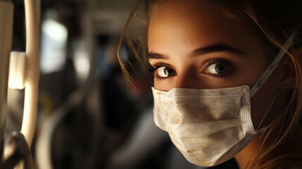 close up portrait of a young woman in a mask