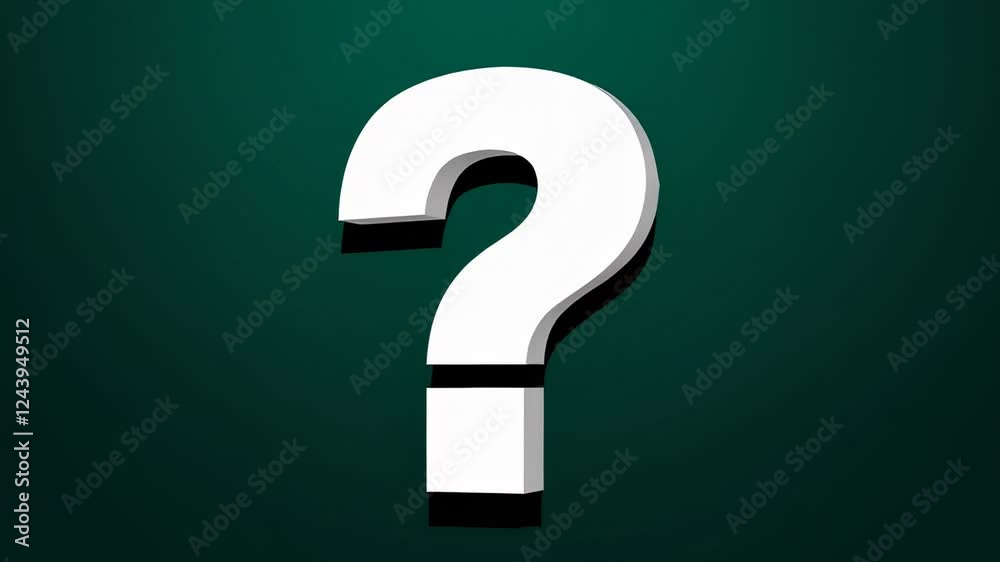 Poster Several white question marks rotate slightly on a dark green background, symbolizing uncertainty, decision making, and the search for answers