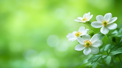 Delicate white flowers bloom in a vibrant green setting