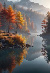 Fototapeta premium Misty dawn over a serene autumn lake in the mountains with reflection of trees on its calm waters, natural beauty, mountain reflection, lake scenery