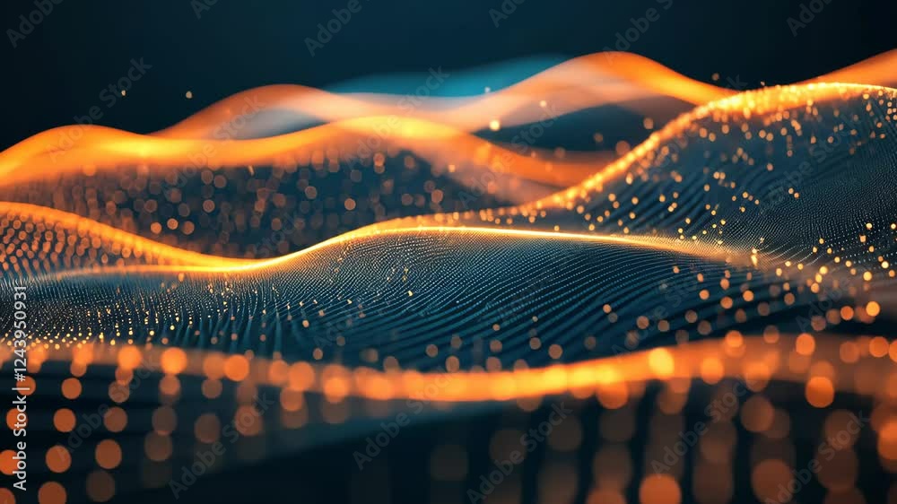 Poster dynamic flow of glowing digital waves and particles in abstract motion