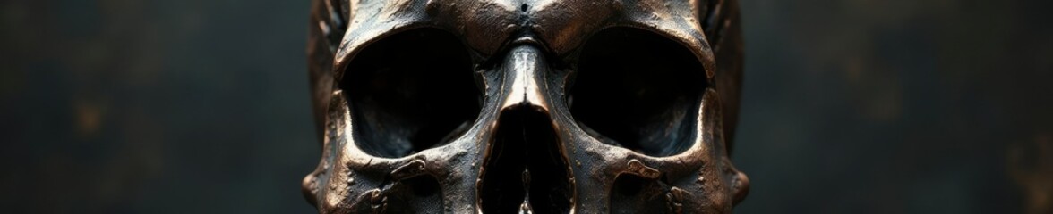 Skull made of twisted black metal with a hint of copper, unusual, copper, metal