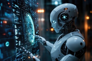 Robot interacts with futuristic digital interface screen