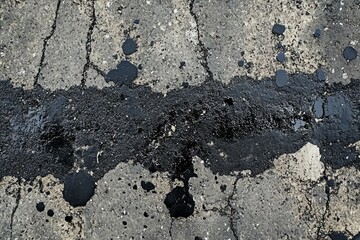 Weathered asphalt with cracks and dark patches. Neural network AI generated