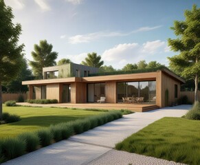 Modern Wooden House with a Large Green Front Yard, natural surroundings, greenery, large windows