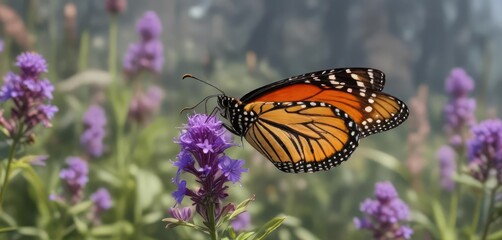 Naklejka premium Monarch butterfly lands gently on large purple wildflower, wildlife, flying away