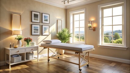 Fototapeta premium Bright and Serene Massage Room with Natural Light and Greenery