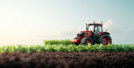 Obraz premium A modern tractor is actively cultivating a field of lush green crops. The clear sky and sunlight enhance the productivity of the farm, showcasing agricultural innovation in action.