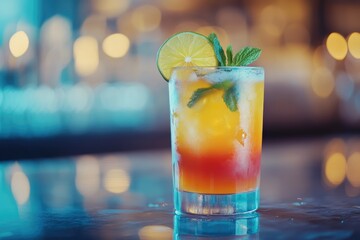 Colorful cocktail garnished with lime and mint leaf