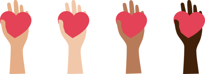Set with hands holding a red heart. The image represents love, kindness, generosity, charity and support. The simple and modern design makes it ideal for implementing concepts related to community ser