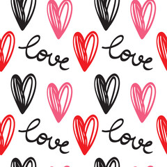 Seamless pattern with hand drawn cute red hearts vector illustration. Heart shaped vector illustration set. Mothers day, greeting card, wallpaper or gift wrapping design.