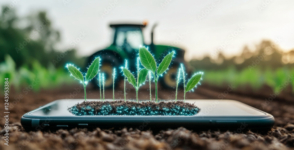 Poster a smartphone displays digital plants growing on its screen, symbolizing the integration of technolog