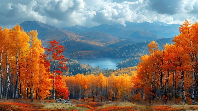 A scenic autumn landscape with vibrant orange and yellow trees, misty mountains, and a cloudy sky